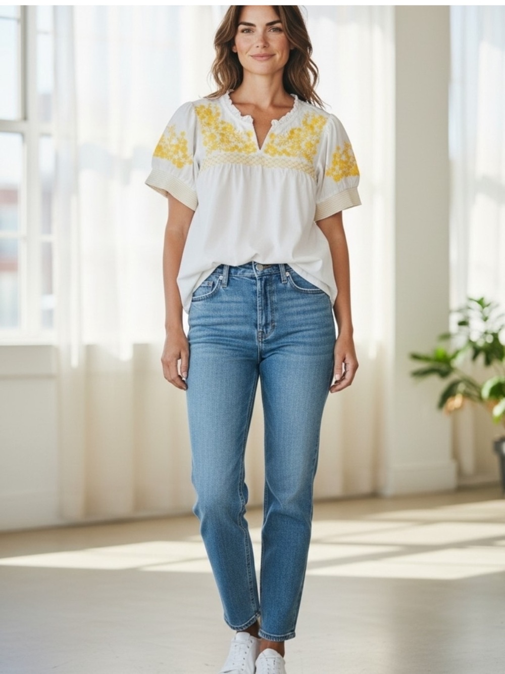 J. Crew White Peasant Blouse with Yellow Floral Embroidery